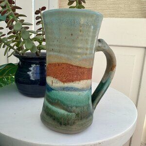 Vintage Stoneware large pottery mug vase bohemian style home decor earth tones